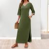 Yousheng Women Maxi Dress with Side Pockets V Neck 3/4 Sleeves Loose Slit Hem Solid Color Patchwork Solid Color Loose Pullover Beach Dress