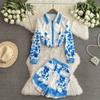 Summer Women Vintage Print Shorts Outfits Long Sleeve Shirt and Pocket Pant Two Piece Set