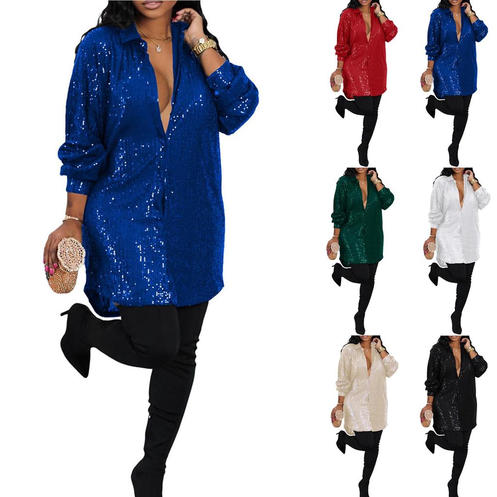 Женское свободное платье-рубашка на пуговицах с пайетками и длинными рукавами для вечеринок и клубов