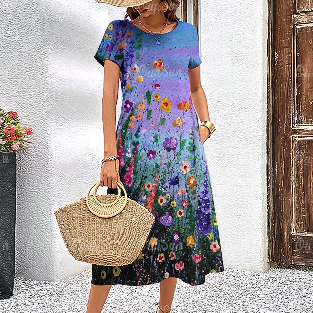 2024 Новые женские платья Элегантные летние платья миди с цветочным принтом для отдыха Женское платье с коротким рукавом Модная одежда больших размеров