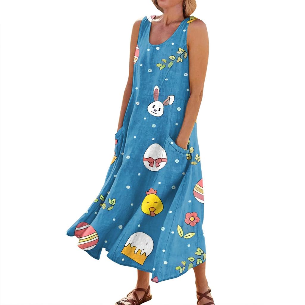 Women's Summer Casual Fashion Easter Printed Sleeveless Round Neck Pocket Dress