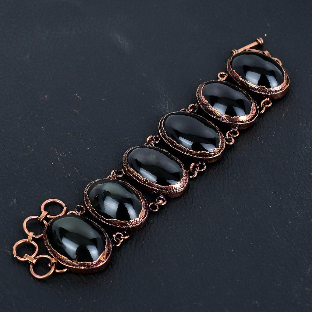 Black Obsidian Eye Gemstone Bracelet, Copper Electroformed Handmade Designer Bracelet Jewelry, Adjustable Chain Bracelet Gift For Women