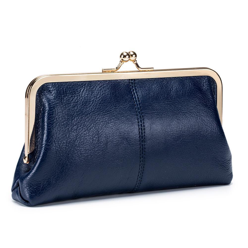 Women's Retro Long Genuine Leather Wallet Handbag - Large Capacity, Waxed Gold Clip Style