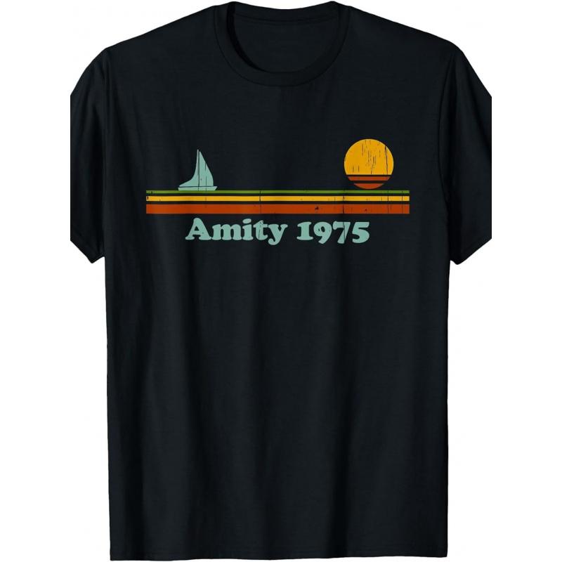 Vintage Amity 1975 Sailboat & Amity Island Logo T-Shirt - 70s Retro Nautical Graphic Tee, Soft Cotton Relaxed Fit Unisex Shirt for &, Casual Summer