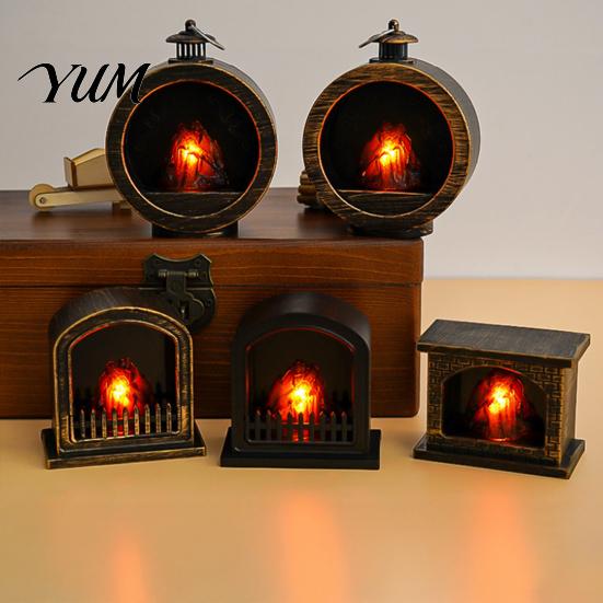 Artificial Flame Fireplace Figurine Retro Simulated Night Light, LED Flickering Lamp, Cozy Atmosphere Vintage Distressed Tabletop Decor Lights