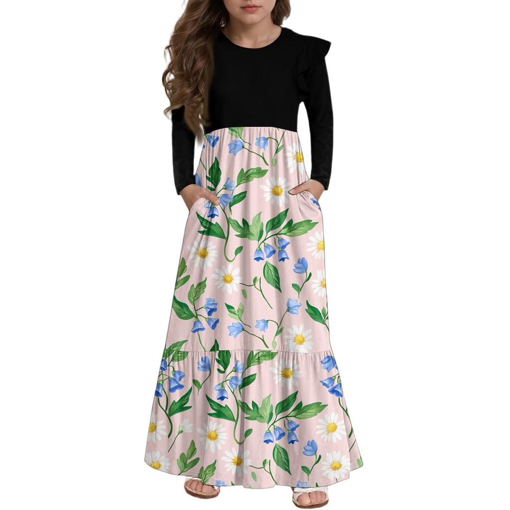 Girls' Tiered Ruffle Dress - Long Sleeve Printed Maxi With Pockets