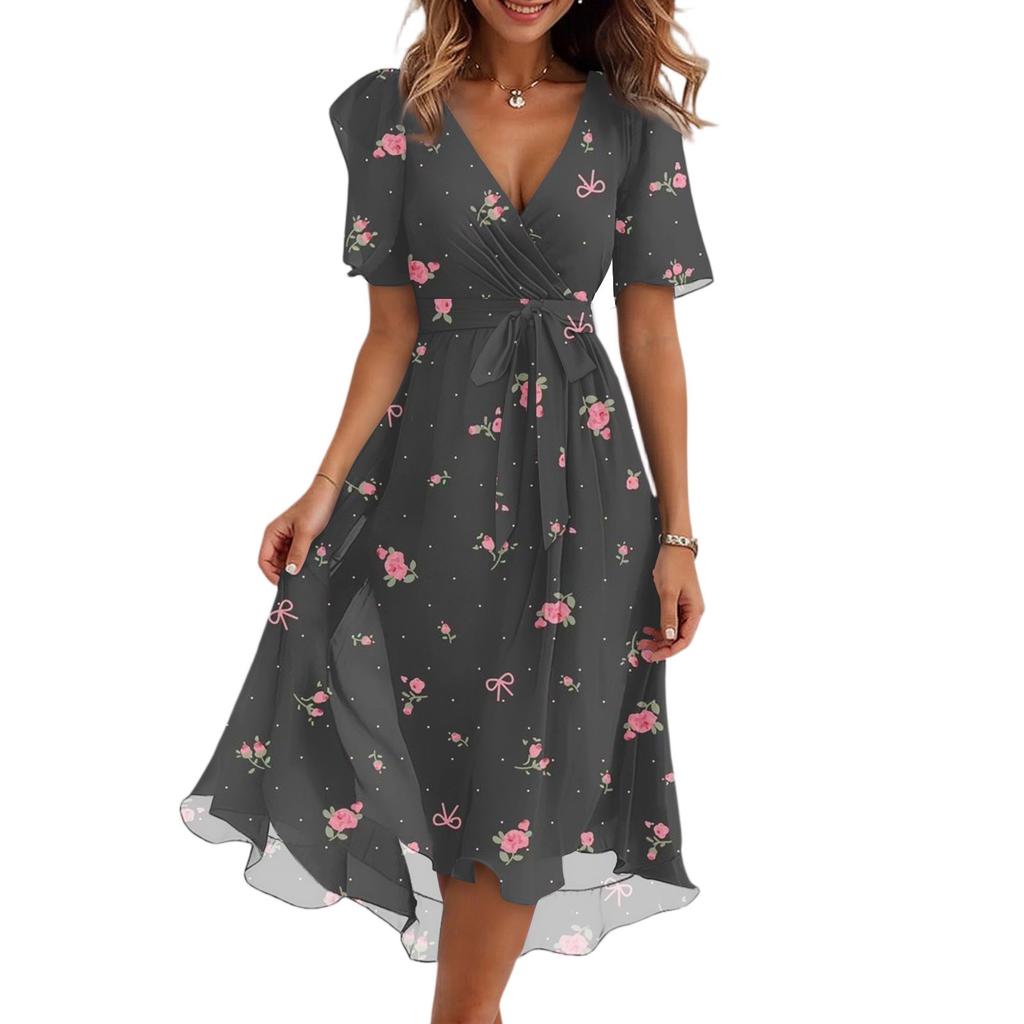 Women's Fashion Casual V Neck Short Sleeve Ruffled Vintage Printed Dresses