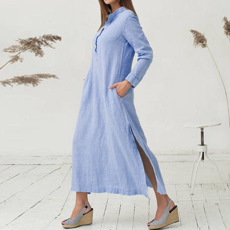 Luxurious Women's Kaftan Cotton Long Sleeve Plain Casual Oversized Maxi Shirt Dress
