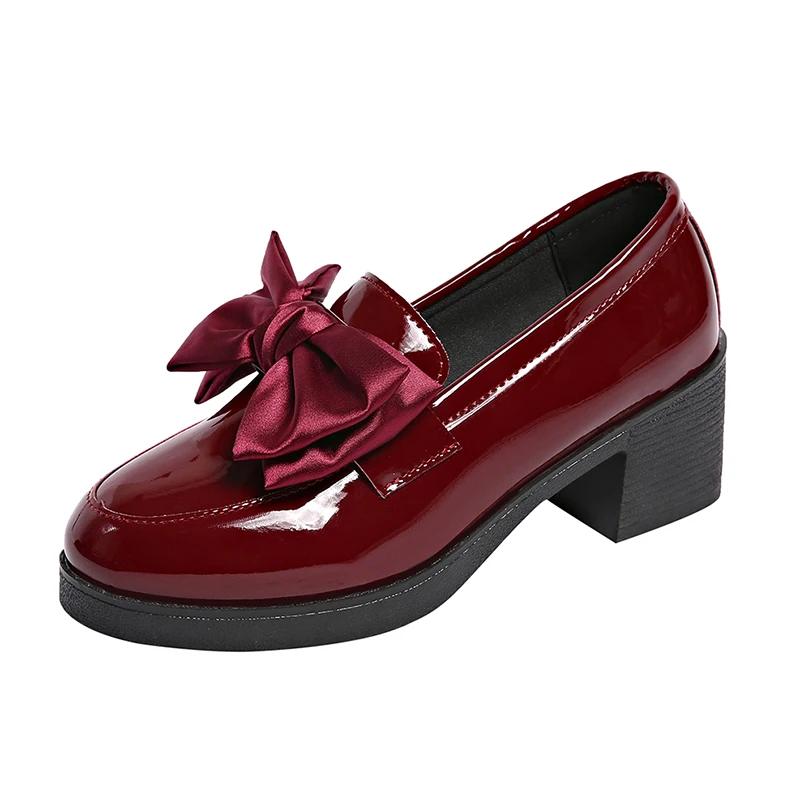 Мода Мода Бант Массивный каблук Туфли-лодочки Женские Лакированная кожа Платформа Лоферы Женские Элегантные Слипоны Высокий каблук Туфли для платья Большой размер