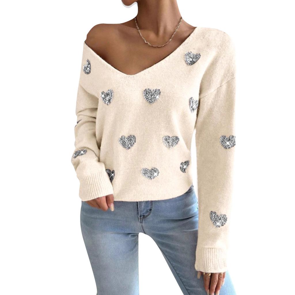 Women V Neck Long Sleeve Sequin Heart Print Knit Sweater Loose Fit Valentine Pullover Top