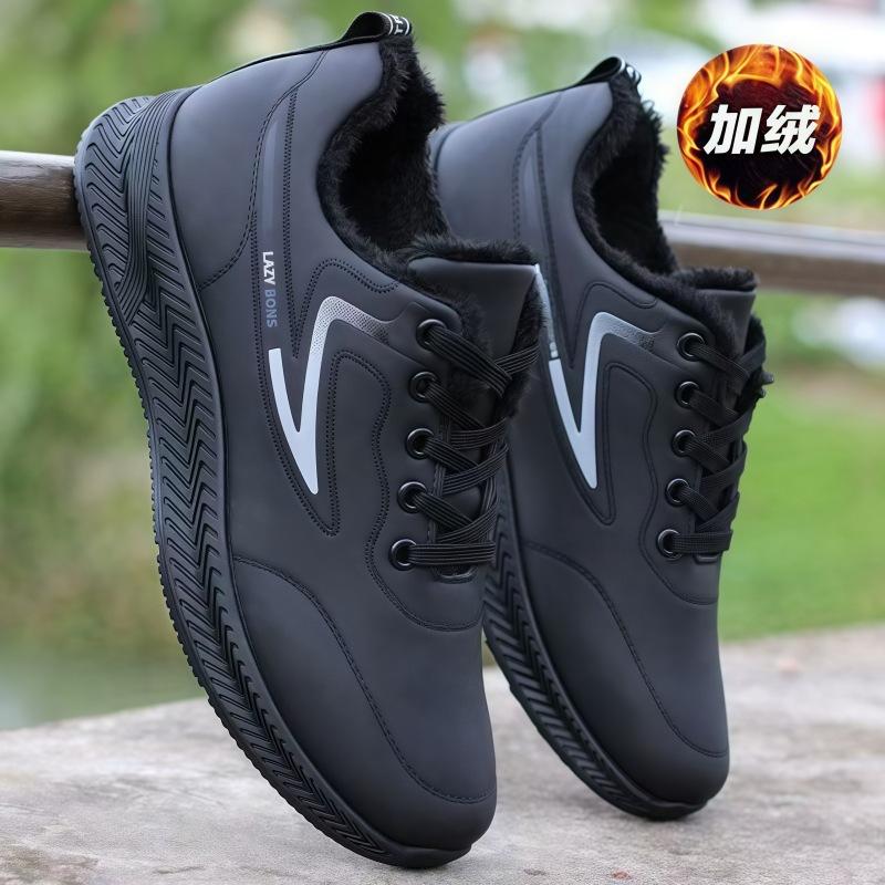 Men's shoes windproof sneakers trendy shoes autumn and winter soft-soled running shoes black leather sneakers