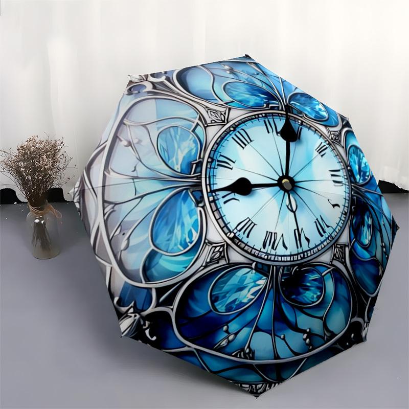 1pc Stained Glass Clock Design Umbrella with Plastic Handle,Suitable for All Seasons Home Travel Outdoor UmbrellaDD140