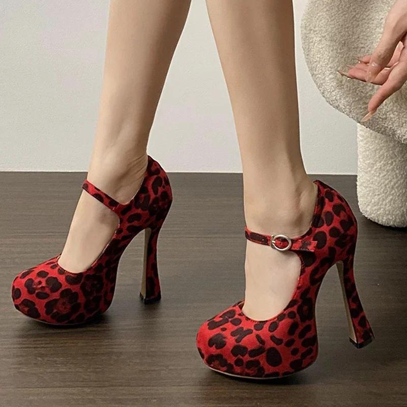 Весна/осень Туфли на высоком каблуке с леопардовым принтом для женщин Туфли-лодочки на низком каблуке Женские туфли с пряжкой на ремне для вечеринки