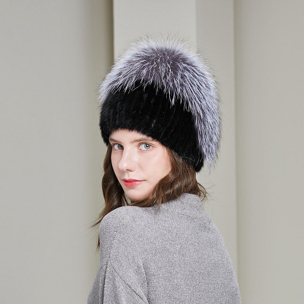 SOMALER Зимние шапки из натурального норкового меха для женщин, вязаная меховая шапка с узором розы, шерстяная подкладка, зимние шапки
