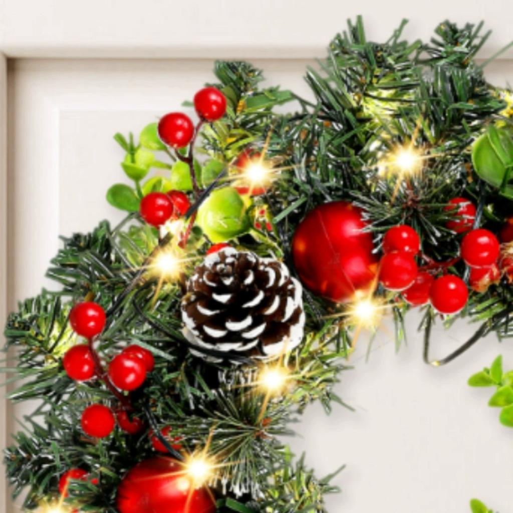 Elegant Red LED Christmas Wreath with Red Berries for Door Window Wall Holiday Home Decor Gift