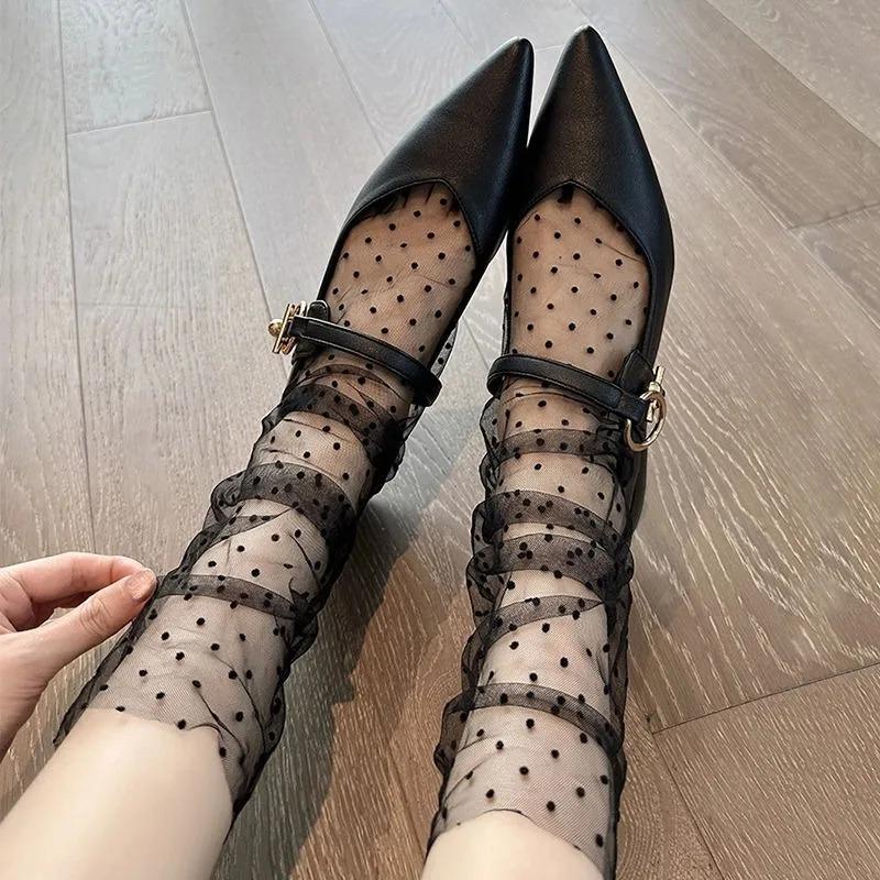 Sexy Transparent Polka Dot Lace Socks Women Thin Silk Sheer Stacked Socks Summer Chic French Style Elegant Femme JK Lolita Socks
