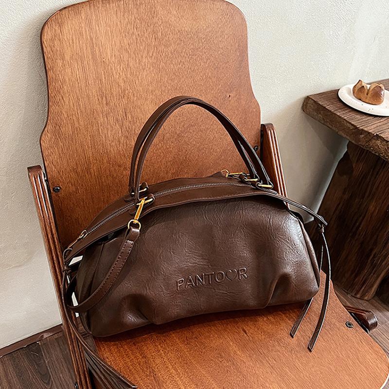 Осень Зима Женская Сумка Большая Вместимость Сумка Боулинг Повседневная Сумка Через Плечо Винтажный Стиль Коричневая Кожаная Сумка CLE