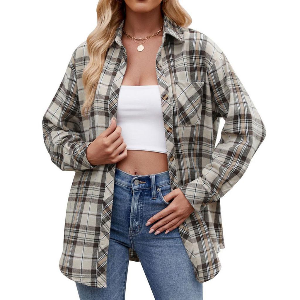 Women's Fashionable Wide Plaid Long Sleeved Loose Button Pocket Shirt Jacket