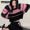 Y2K Korean Style Pink Cropped Sweater Women Striped Jumper Vintage Female Autumn Long Sleeve Crewneck Pullovers Tops