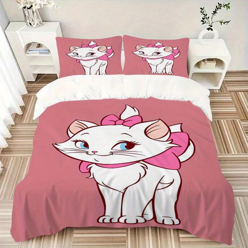 3pcs Adorable Aristocats Marie Cat Pink Bow Printed Bedding Set, Soft and Comfortable Quilt Cover for Bedroom, Guest Room (1 Duvet Cover + 2
