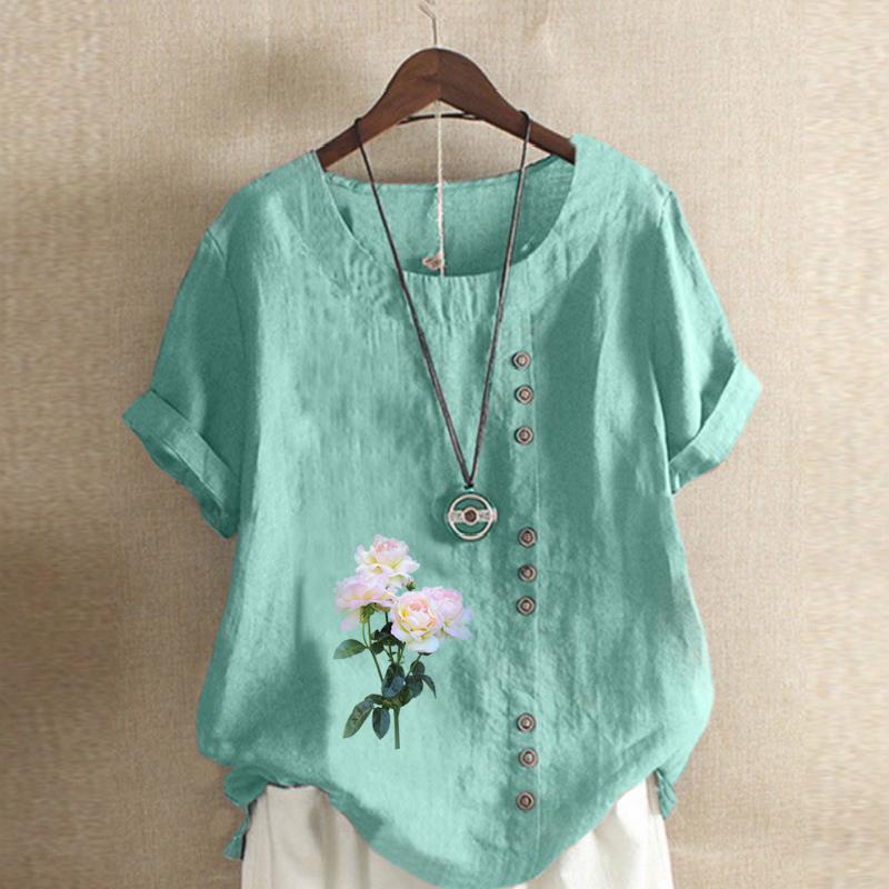 Женская модная футболка с коротким рукавом с цветочным принтом, свободная хлопковая рубашка, повседневная свободная летняя блузка, топы больших размеров