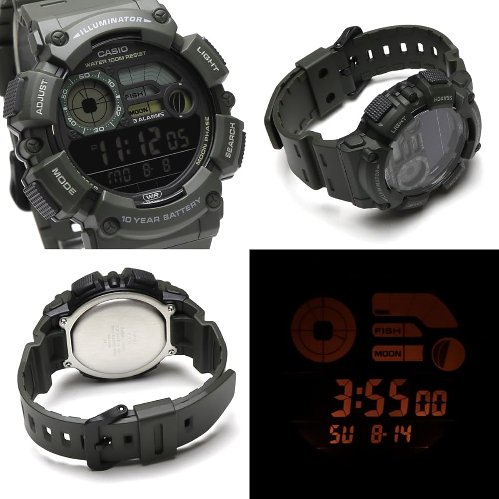 Casio Standard Цифровые WS-1500 Водонепроницаемость 10 АТМ Фазы Луны Будильник Таймер Секундомер Военно-зеленые Мужские Часы