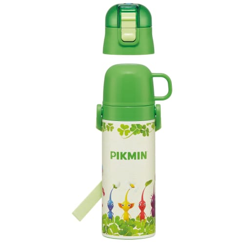 Skater Children's Water Bottle, 2-Way, 470ml (Direct Drinking) or 430ml (Cup Drinking), Pikmin Design, Stainless Steel, Insulated, Lightweight, Sports