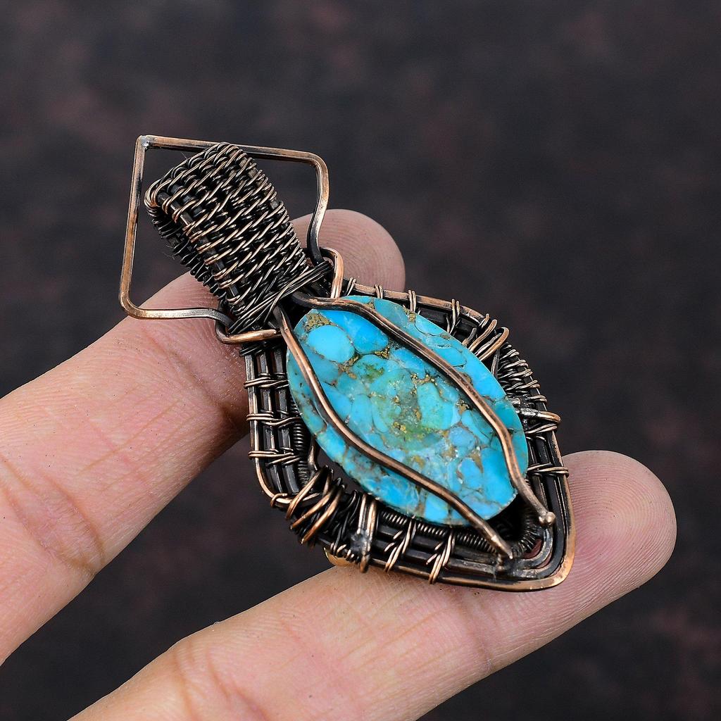 Copper Blue Turquoise Pendant Copper Wire Wrapped Pendant Natural Gemstone Pendant Copper Wire Jewelry Gift For Her Handmade Elegant Jewelry
