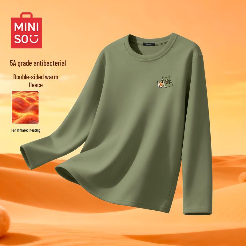 MINISO Мужская зимняя футболка с длинным рукавом и круглым вырезом на флисовой подкладке