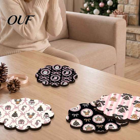 Winter Holiday Festive Coasters 4PCS Black Cat Acrylic Coasters, Christmas Tabletop Table Decor Protection Mats, Non-Slip Rounded for Dining