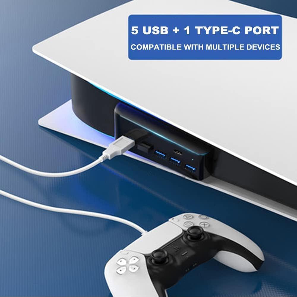 Адаптер-концентратор для консоли PS5 с 5 портами USB + 1 портом типа C, черный