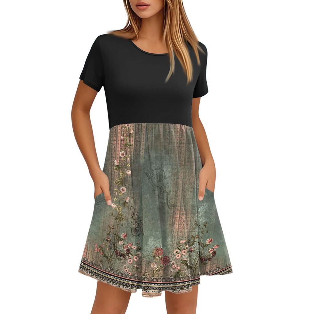Женские модные повседневные свободные платья с круглым вырезом и коротким рукавом с принтом и карманами