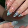 24Pcs Almond Press On Nails Ocean Blue French Tip With Flower Pearl Glitter Simple Wearable False Nail Art Manicure Set