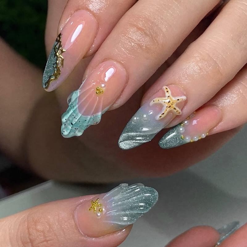 24Pcs Almond Press On Nails Ocean Blue French Tip With Flower Pearl Glitter Simple Wearable False Nail Art Manicure Set