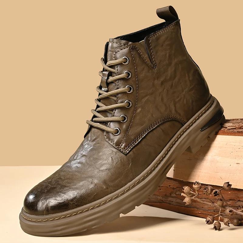 Ботинки в стиле ретро для работы, туфли на толстой подошве с высокой посадкой, мужские ботинки из натуральной кожи, повседневные короткие ботинки, мужские деловые формальные ботинки