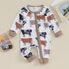Baby Girls Fall Crewneck Romper 3M 6M 12M Long Sleeve Cattle Print Oblique Zipper Jumpsuit