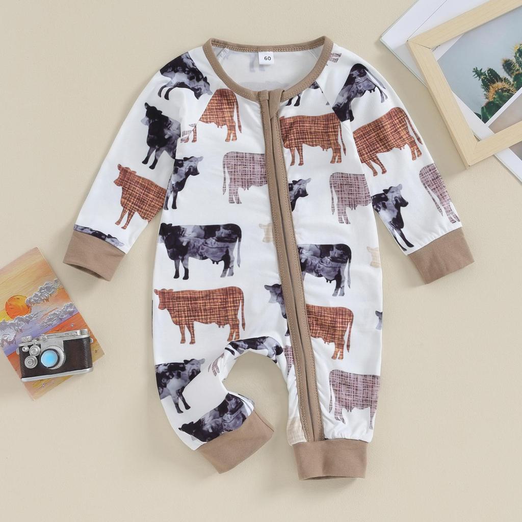 Baby Girls Fall Crewneck Romper 3M 6M 12M Long Sleeve Cattle Print Oblique Zipper Jumpsuit