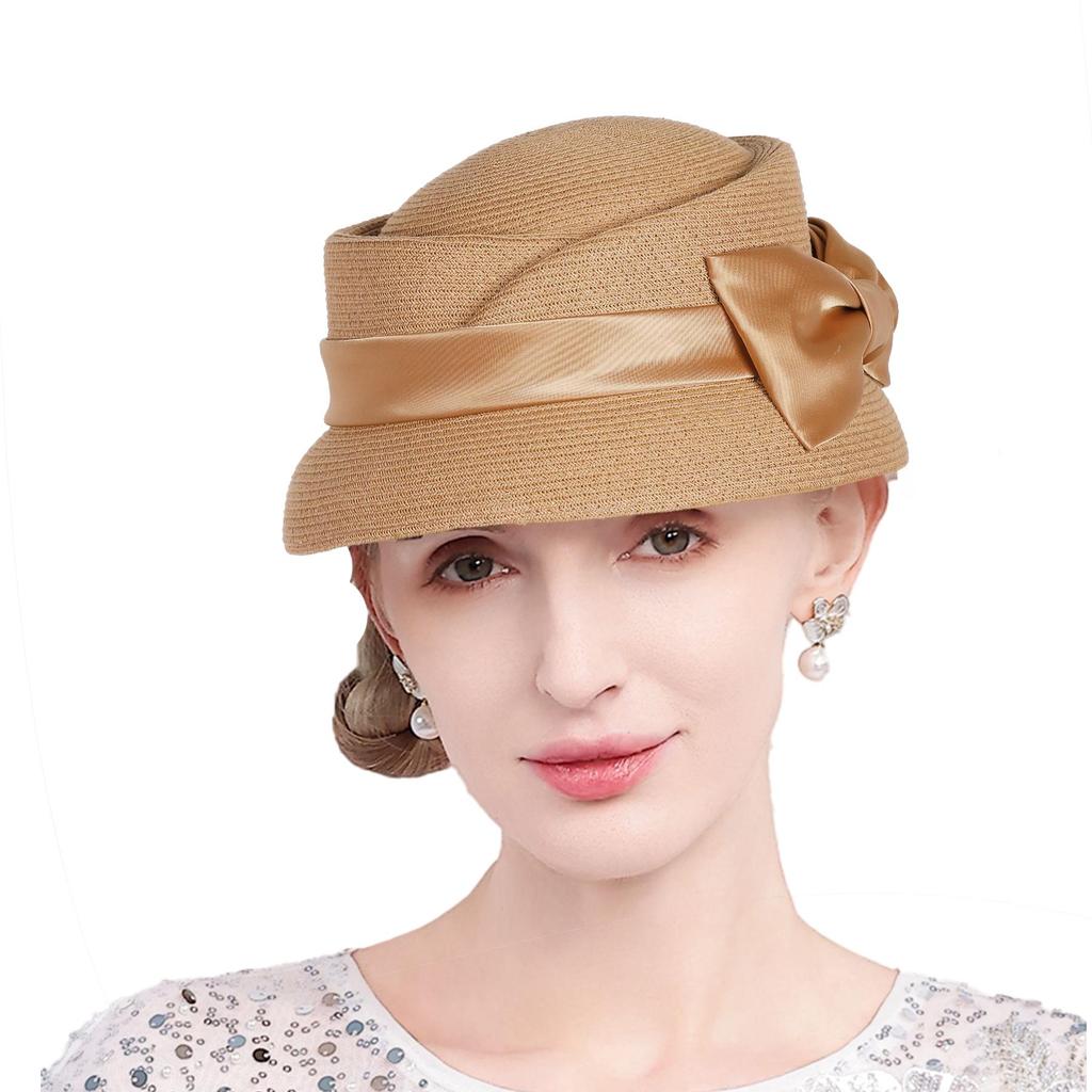 Women’s Vintage Straw Cloche Church Hat with Satin Bow | Elegant Bowler Bucket Hat for Tea Party Wedding Garden Formal Events