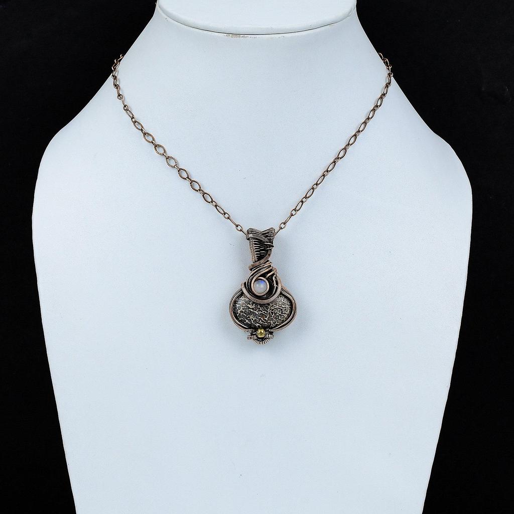 Подвеска из кости динозавра, подвеска из радужного лунного камня, подвеска, обернутая медной проволокой, украшения ручной работы, подвеска с драгоценным камнем, медные украшения, подарок для женщин