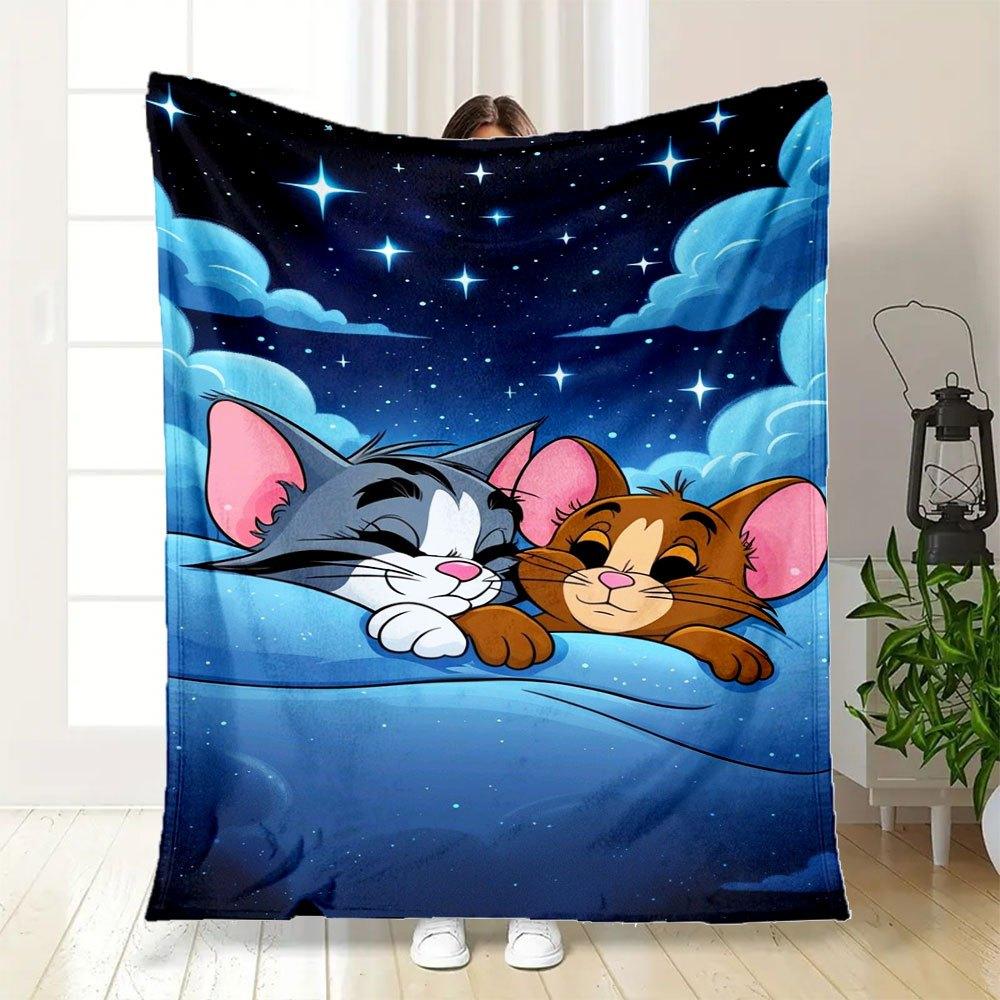 "Tom & Jerry: Cozy Night Adventure Pillowcase"Blanket Flannel Throw Blanket for Sofa, Bed, Travel, Camping, Office