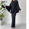 INDFS Women's Fashion Casual Spring Fall Solid Color Print Long Sleeve O-Neck Blouses & Shirts Trousers Pants Suits