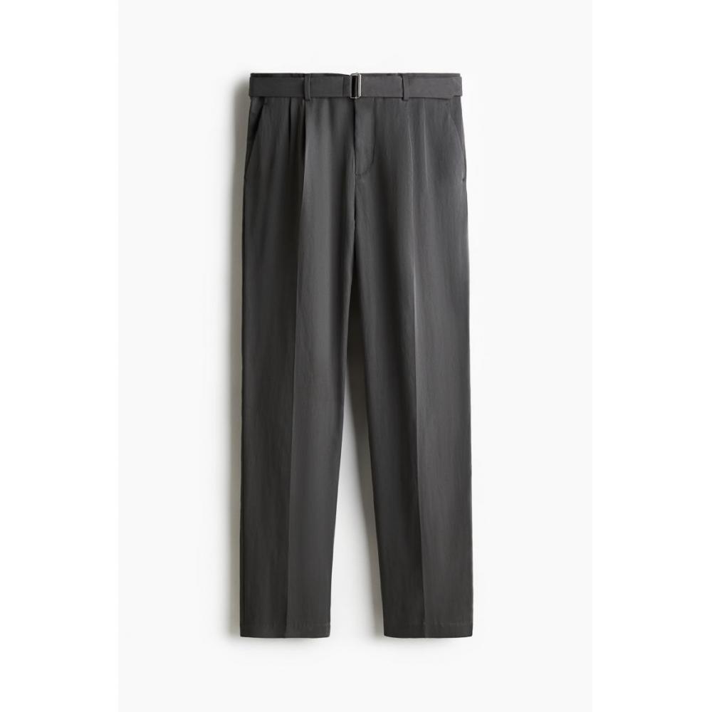 H M Belted Twill Pants Regular Fit Dark Grey