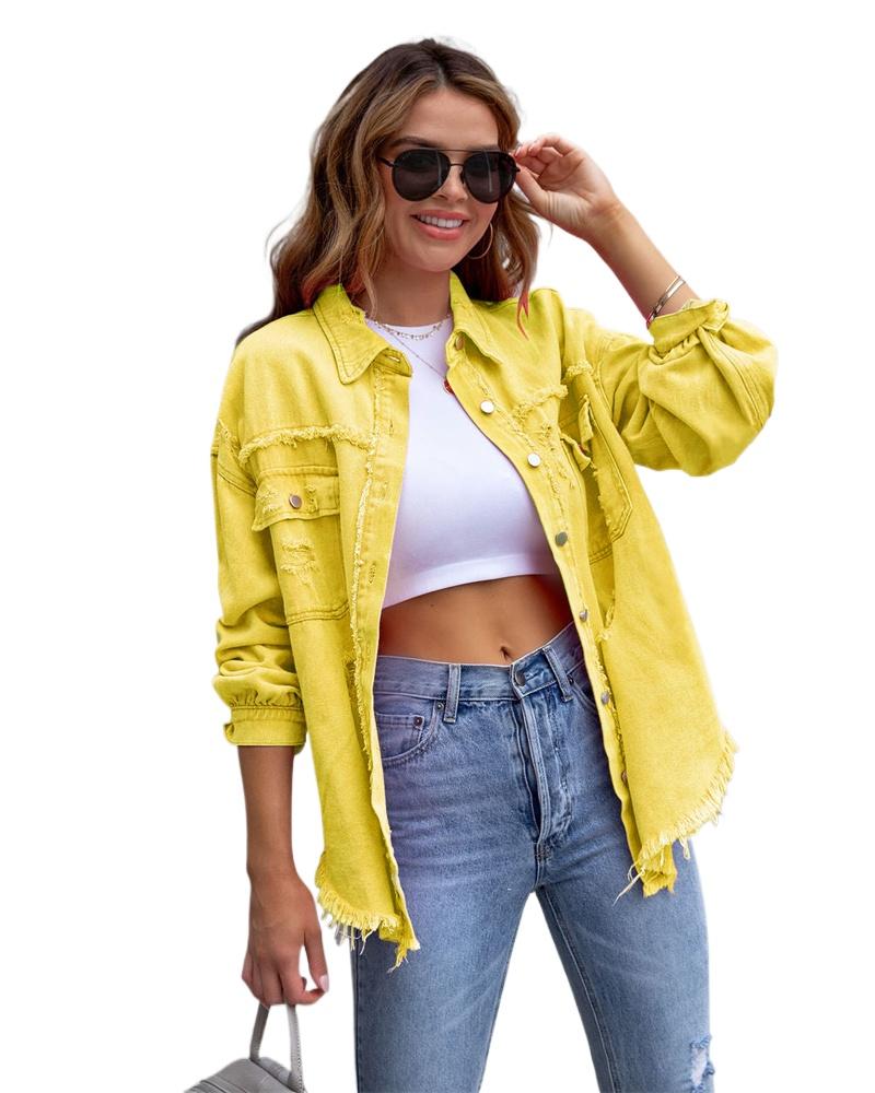 Holes Raw-edges Denim Jacket Women Spring Autumn Shirt Style Jeancoat Casual Top Rose-Red Orange Purple Outerwear Lady Coat