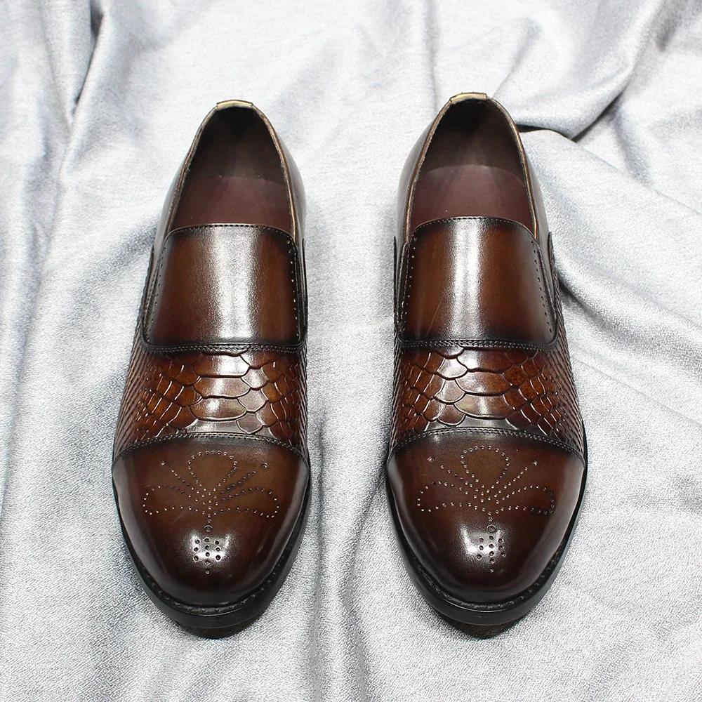Classic Solid Cap Toe Men's Loafers Snake Print Genuine Leather Slip-On Shoes for Wedding Office Dress Casual Wear