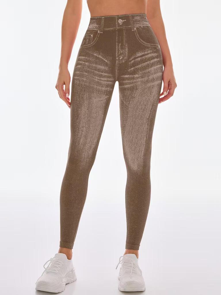 Бесшовные леггинсы для йоги с высокой талией и эффектом пуш-ап для женщин - Быстросохнущие, стройнящие, облегающие, в стиле денима, для бега и фитнеса