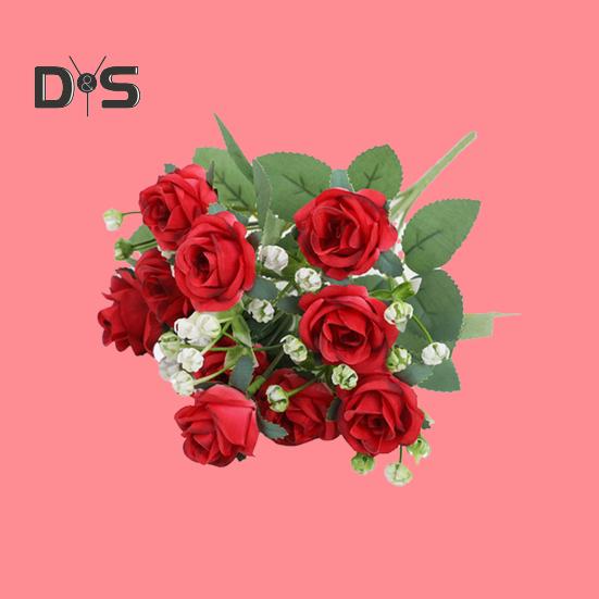 Искусственный букет роз с зелеными листьями на стебле Реалистичные многоразовые искусственные цветочные растения Украшение дома Свадебная вечеринка Фото