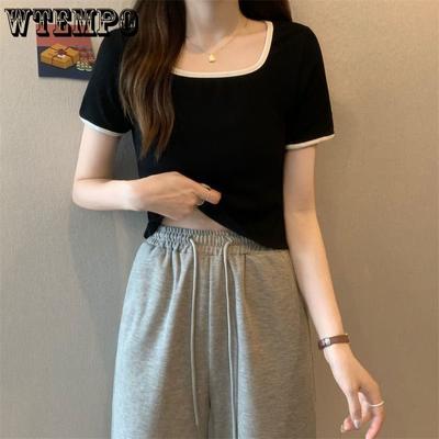 Женская футболка с короткими рукавами большого размера, открывающая ключицу с квадратным вырезом, тонкая внутри с короткими рукавами