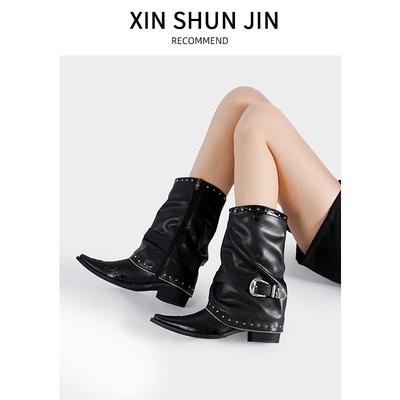 Винтажные сапоги-трубы с пламенным дизайном, рыцарские сапоги 2025 с острым носком, на толстом каблуке, ботинки Мартина, дизайн с заклепками и цепочкой, сапоги на наборном каблуке