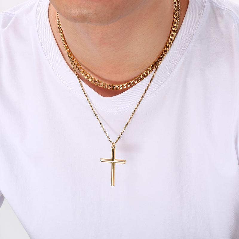 Двухслойные мужские necklaces с подвеской-крестом из нержавеющей стали, металлическая цепочка, религиозный дизайн, модные украшения, повседневный золотой аксессуар