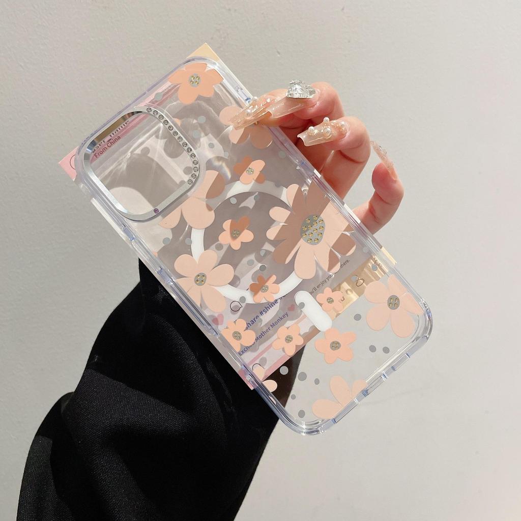 Floral Transparent Magnetic Bow Diamond Lens Case for iPhone 17 Pro Max